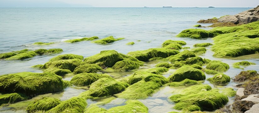 Green algae covers the rocky shore of a beach, creating a serene coastal scene