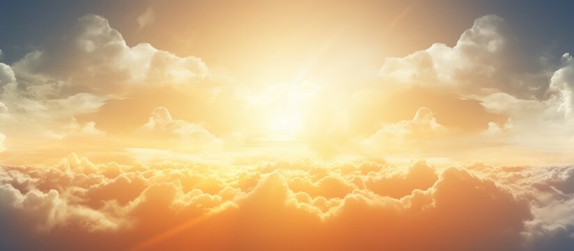 The sun shining brightly in a close-up view above a sky filled with fluffy white clouds