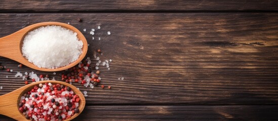 Two wooden spoons holding red and white sea salt crystals, adding a touch of color to your kitchen decor