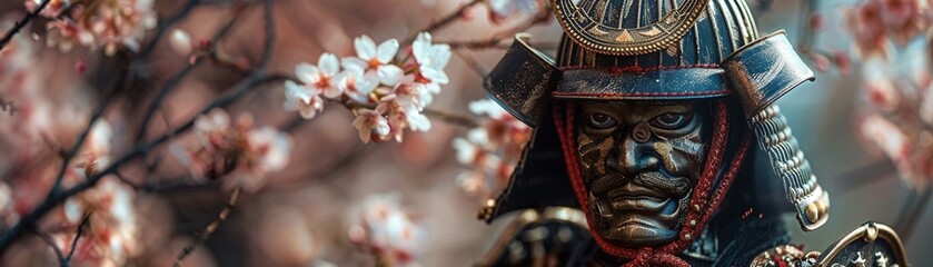samurai as Russian nesting doll, cherry blossom backdrop, gentle glow ,Hyper realistic photography - obrazy, fototapety, plakaty