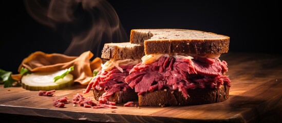 Close-up of a sandwich consisting of corned beef, sauerkraut, Swiss cheese, and Russian dressing on rye bread, placed on a wooden cutting board.