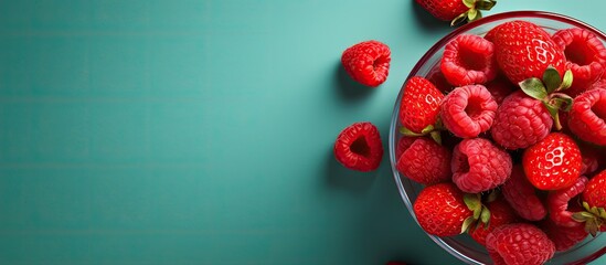 Fresh raspberries displayed in a bowl on a vibrant green surface, showcasing their natural beauty