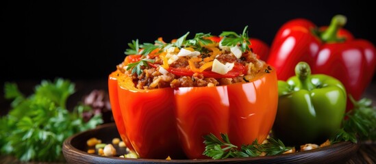 Plate filled with delicious stuffed peppers containing a mixture of meat and various vegetables