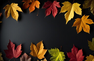 Autumn leaves on a black background Autumn background Top view.