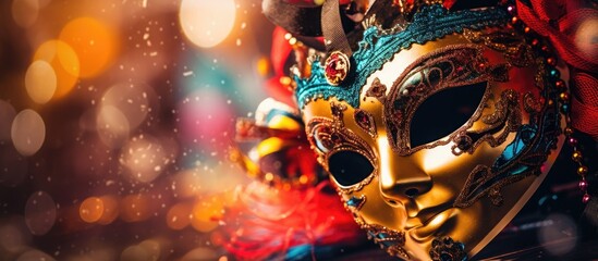 An intricate and elaborate gold mask featuring vibrant red and blue feathers in a close-up view - obrazy, fototapety, plakaty