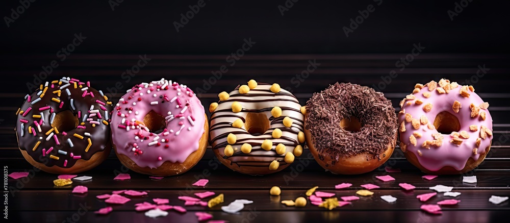 Canvas Prints Five delicious donuts neatly arranged in a row on a tabletop