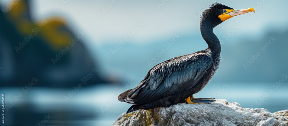 Poster A cormorant bird is resting next to a pelican on a rocky surface by the water's edge