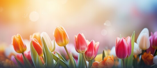 Fototapeta premium Vibrant tulips create a colorful display in a sprawling meadow filled with various blossoms