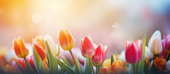 Foto op Aluminium Vibrant tulips create a colorful display in a sprawling meadow filled with various blossoms © Ilgun