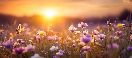 Field of vibrant purple flowers illuminated by the setting sun in the background