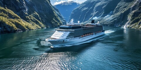 A large cruise ship is sailing through a body of water. The ship is white and has a blue stripe on the side. The water is calm and the sky is clear