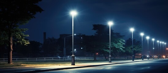 Strolling through a park illuminated by streetlights, casting a warm glow amidst the tall trees in the darkness.