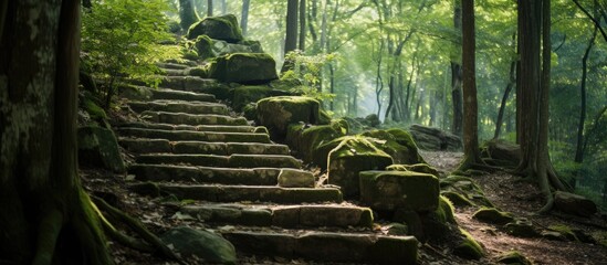 Moss-covered stone staircase winding through a lush forest setting - Powered by Adobe