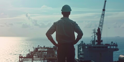A man in a hard hat stands on a pier looking out at the ocean. He is wearing a reflective vest and he is a worker on a ship. Concept of responsibility and focus - obrazy, fototapety, plakaty