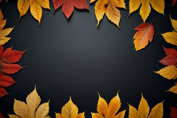Naklejka na ściany i meble Autumn leaves on a black background Autumn background Top view.