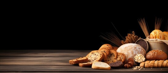 Variety of bread and bread rolls arranged on a rustic wooden table with scattered wheat grains