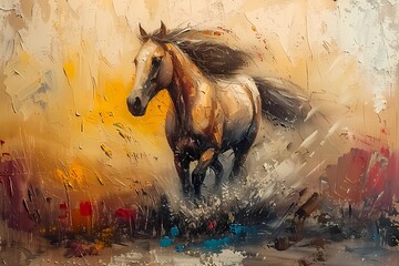 portrait oil painting features  a majestic  brown horse galloping  , luxury vintage moody farmhouse wall art, digital art print, wallpaper, background