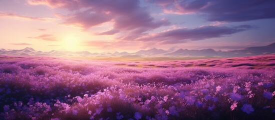 Vibrant purple flowers bloom in a field overlooked by majestic distant mountains - obrazy, fototapety, plakaty