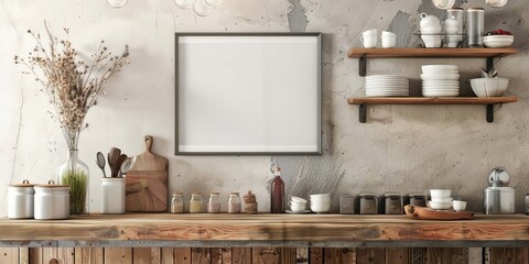 A kitchen with a white framed mirror above a wooden counter. The counter is full of various kitchen items, including a bowl, a cup, a spoon, a knife, and a bottle