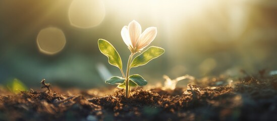Young green plant emerging from the soil in a macro view - obrazy, fototapety, plakaty