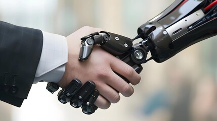 Human hand shaking robot hand. Conceptual image of artificial intelligence and futuristic technology. Design for poster, banner.