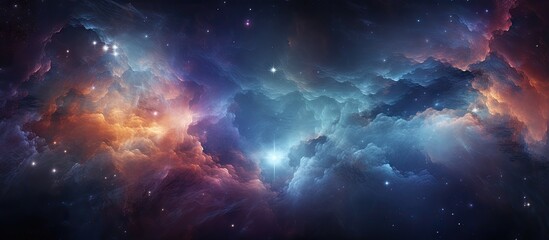 Fototapeta premium Vivid depiction of a dark blue and orange nebula with sparkling stars against a cosmic backdrop, ideal for astronomy and space-themed designs