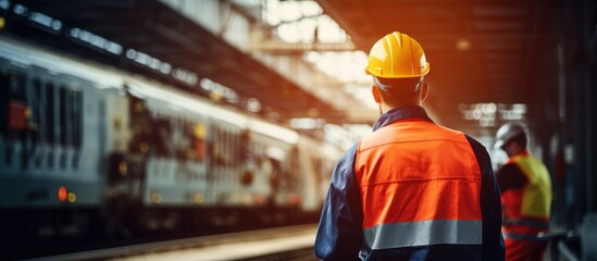 A male wearing a protective hard hat standing in front of a train - obrazy, fototapety, plakaty