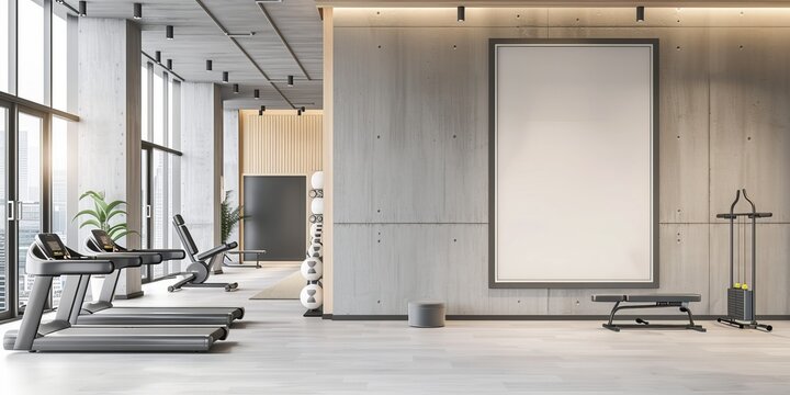 A gym with a white wall and a large white poster. The gym is empty and has a modern, clean look