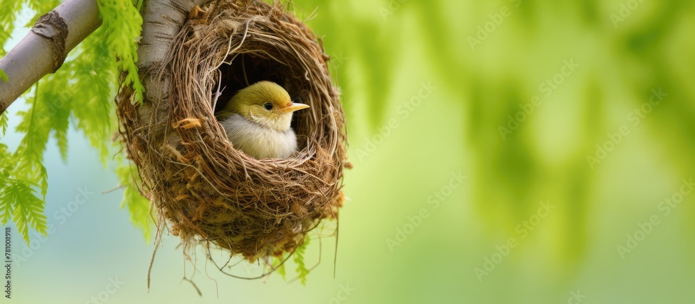 Sticker Resting bird in natural wicker nest atop tree branches with green foliage background