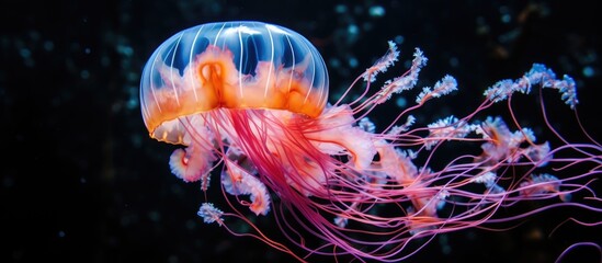 Graceful jellyfish with a vibrant pink and white tail elegantly gliding through the clear ocean waters