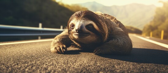 Dog laying on the side of the road, its paws touching the ground, in a resting position