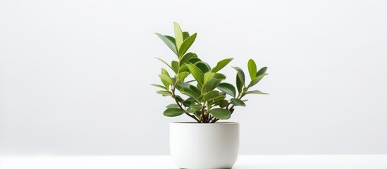 Green leafy plant potted in a clean white container