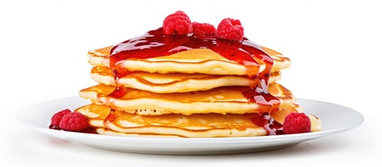 A close-up view of a delicious stack of pancakes drizzled with syrup and garnished with vibrant...