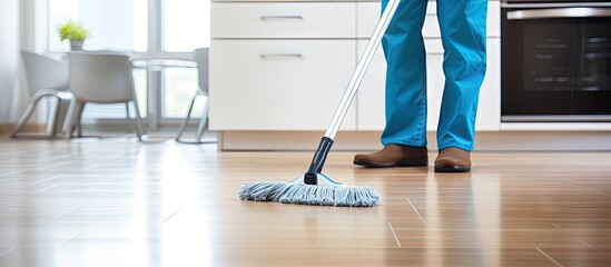 A person wearing blue pants and brown shoes is seen cleaning the kitchen floor with a mop