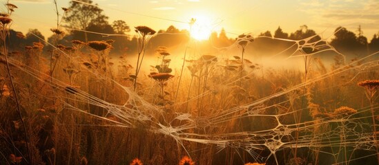 Spider web intricately woven in a field of green grass, illuminated by the setting sun - obrazy, fototapety, plakaty