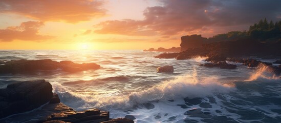 The sun setting over the ocean, casting a golden glow on the waves crashing against the rugged rocks along the shore - obrazy, fototapety, plakaty