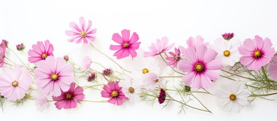 Group of cosmos blossoms arranged neatly on a clean white surface