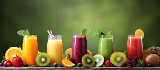 Variety of fruits and fruit juices arranged neatly on a table