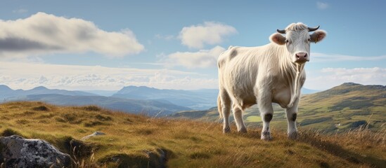 Obraz premium Cow peacefully grazing on a green hill with stunning mountains in the background