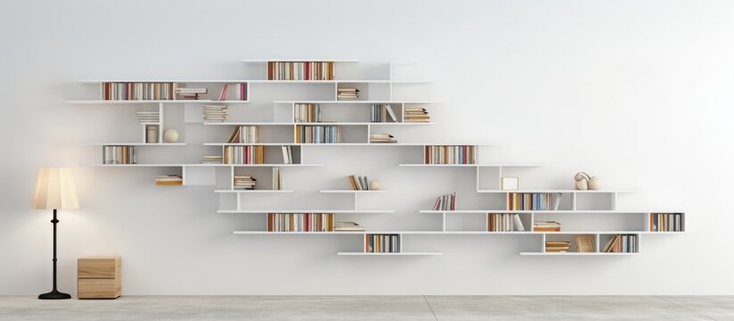A bookshelf is shown up close with a desk lamp casting a warm light on the books