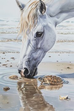 portrait oil painting features  a majestic  white horse on the beach, luxury vintage moody farmhouse wall art, digital art print, wallpaper, background