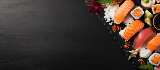 Sushi rolls delicately placed on a sleek black plate set against a dark background for a striking culinary presentation - Powered by Adobe