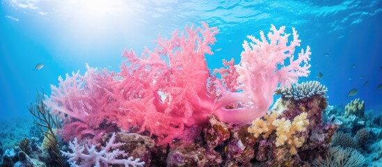 Pink coral standing out on a vibrant reef, with a colorful fish swimming nearby in the clear ocean waters