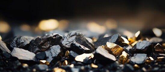 Pile of rocks featuring black and gold colors, seen up close with intricate details and textures