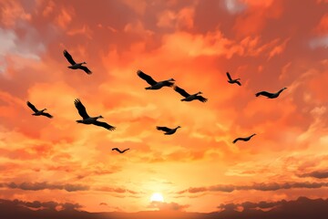Dynamic flock of migrating geese soaring across a vivid autumn sky, wings beating in harmonious rhythm, isolated on white solid background