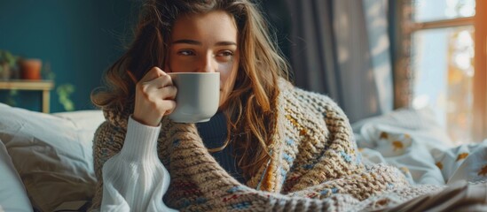 A woman is comfortably wrapped in a cozy blanket while enjoying a warm cup of coffee - obrazy, fototapety, plakaty