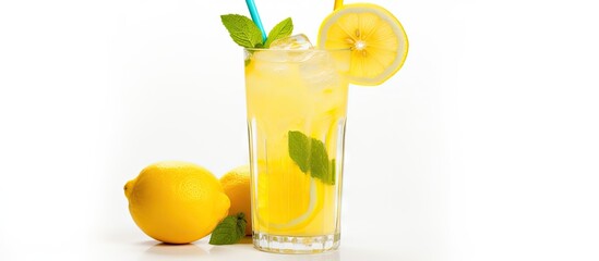 Glass containing refreshing lemonade served with a straw and a sliced lemon on the rim - obrazy, fototapety, plakaty
