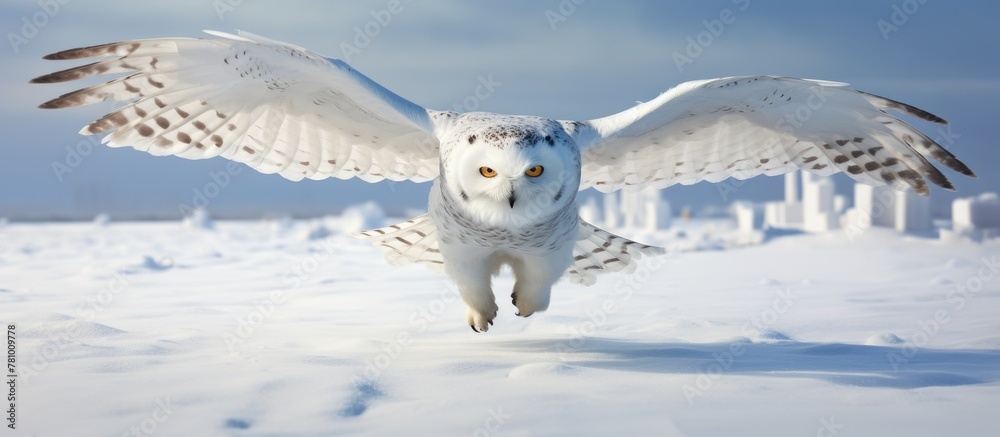 Canvas Prints Majestic snowy owl gliding gracefully above a serene snowy field in a peaceful snowy setting