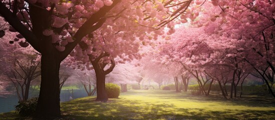 Luscious pink trees line a path in a beautiful park, creating a serene and colorful scene - Powered by Adobe