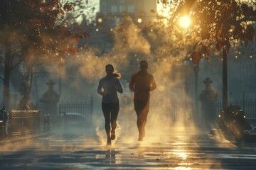 Runners move through a misty, sunlit park, with autumn leaves scattering around them.